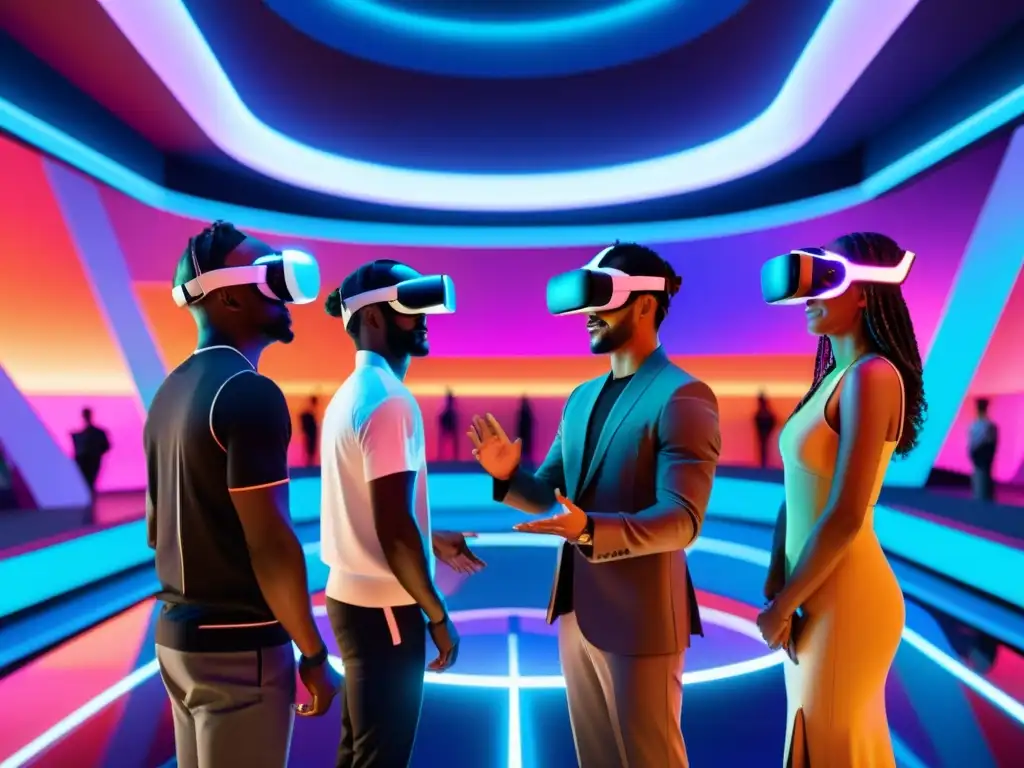 Un grupo de avatares diversos se reúnen en un espacio de realidad virtual, rodeados de arquitectura futurista y colores vibrantes