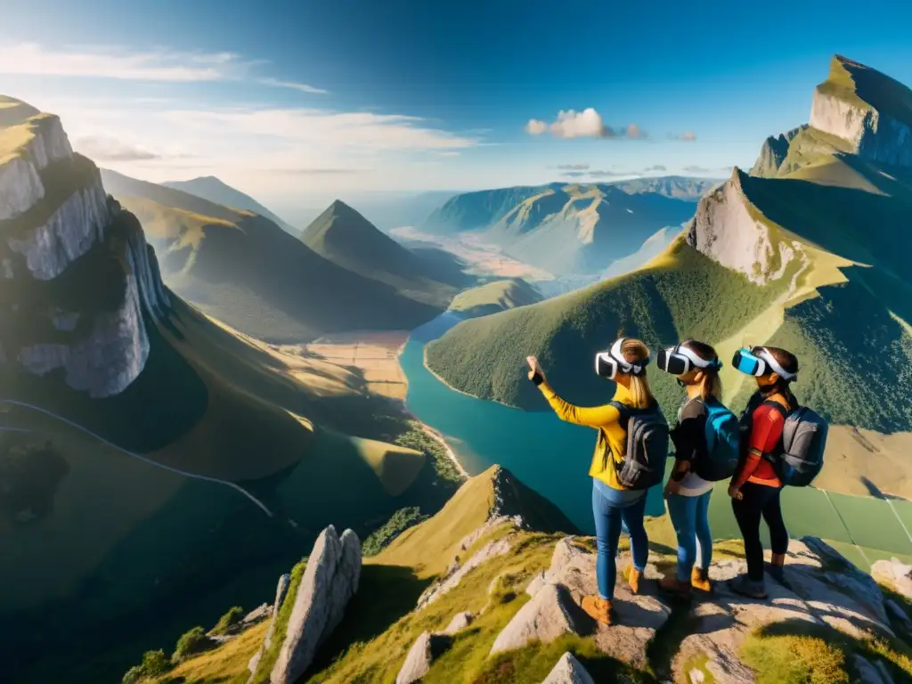 Grupo de aventureros con RV en turismo de aventura, inmersos en la belleza de la naturaleza desde un acantilado montañoso