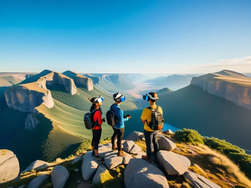 Grupo de aventureros disfrutan de RV en turismo de aventura en la cima de una montaña, rodeados de impresionante naturaleza salvaje