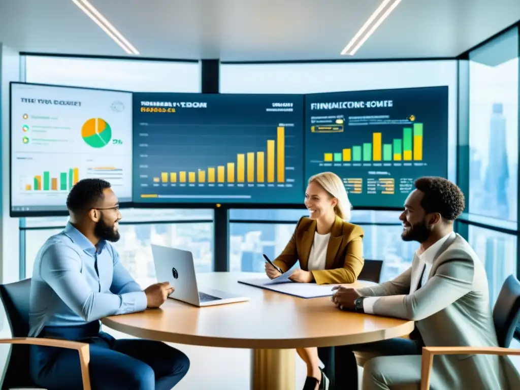 Grupo diverso discutiendo tokenización de activos y gobernanza en sala moderna con luz natural y gráficos financieros en pantalla digital