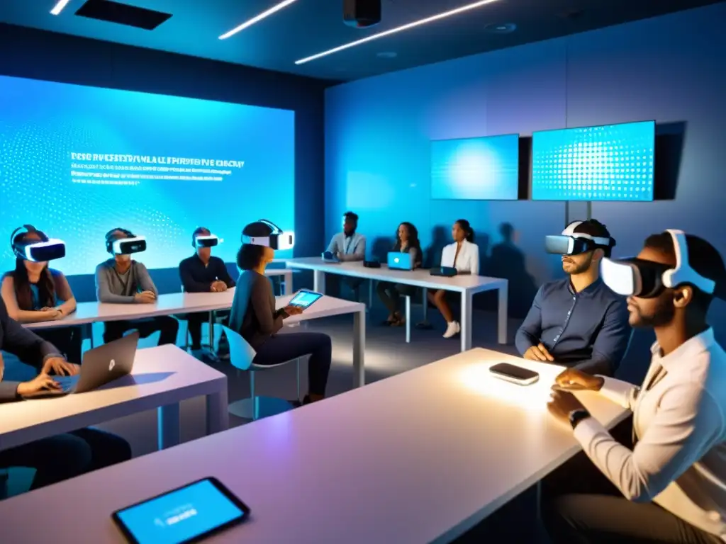 Grupo diverso usando VR en aula futurista con hologramas y tecnología