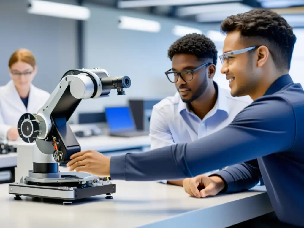 Un grupo diverso colabora con brazos robóticos en un laboratorio moderno