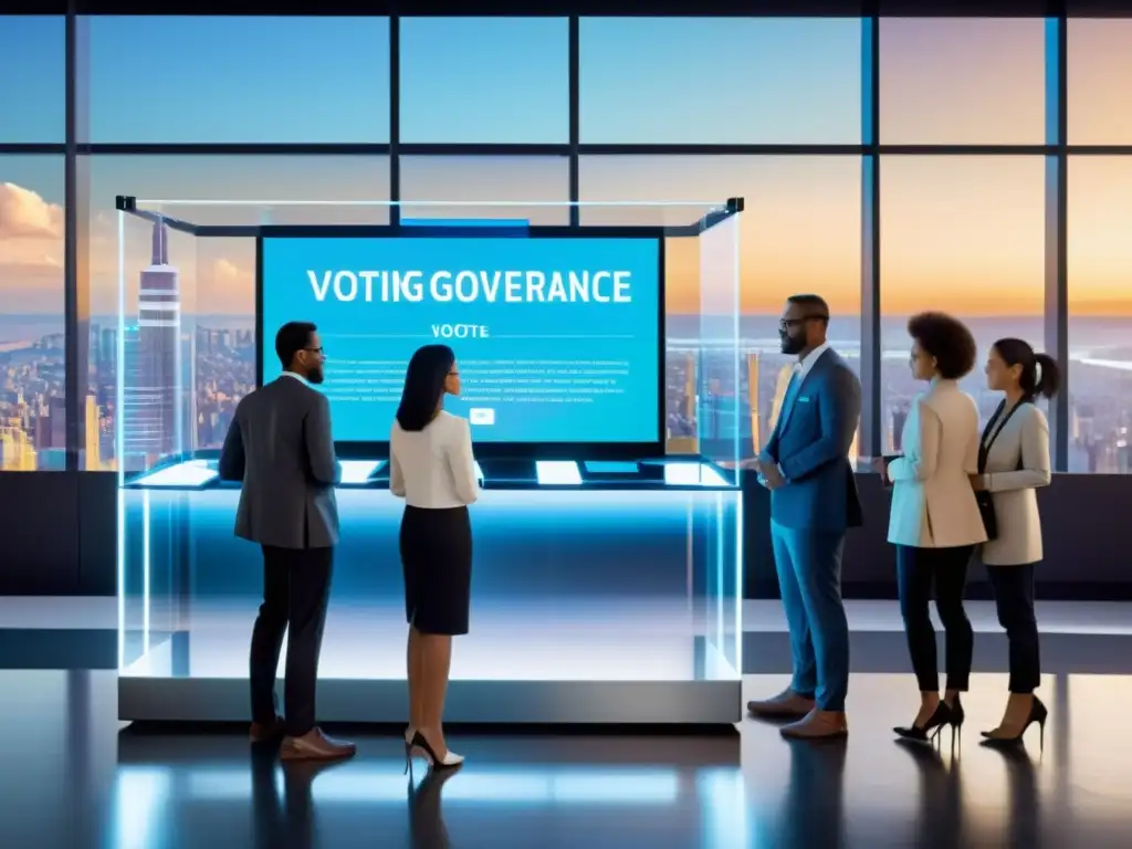 Votación transparente: Blockchain y democracia digital Grupo diverso en cabina de votación transparente con hologramas de procesos de gobernanza blockchain y ciudad futurista