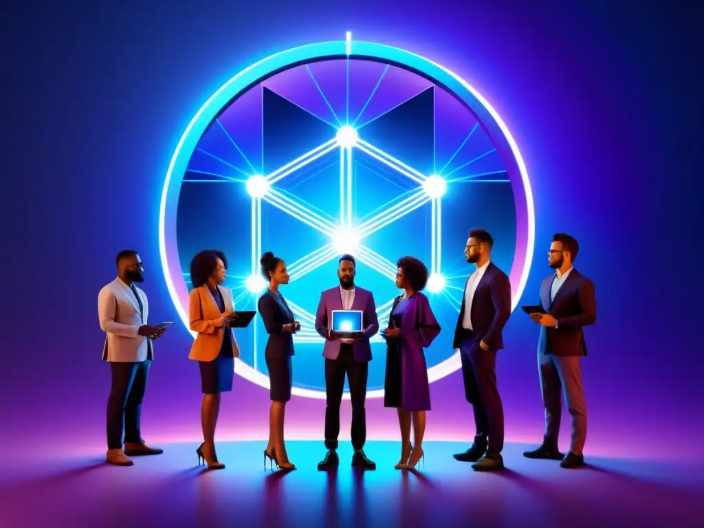 Visualización de red blockchain con diversidad y conexión Un grupo diverso en círculo muestra visualización de blockchain
