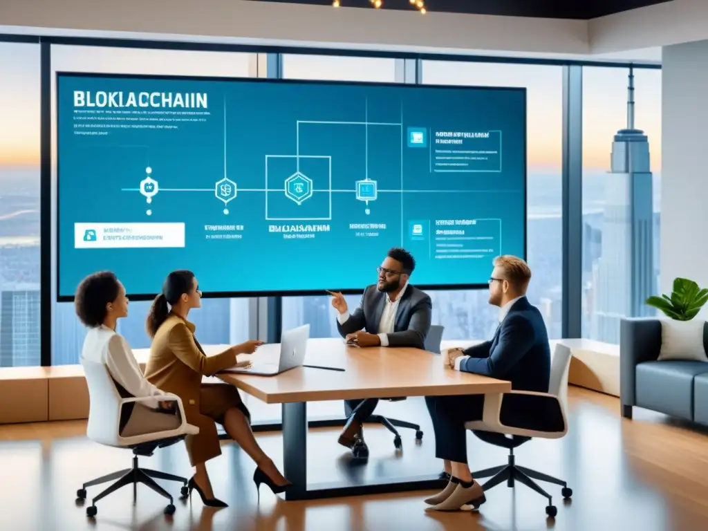 Un grupo diverso discute un diagrama de blockchain en una sala moderna