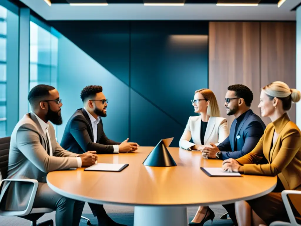 Innovadores debaten estrategias de transformación digital Grupo diverso de tech influencers en transformación digital, colaborando en una sala de juntas moderna y futurista