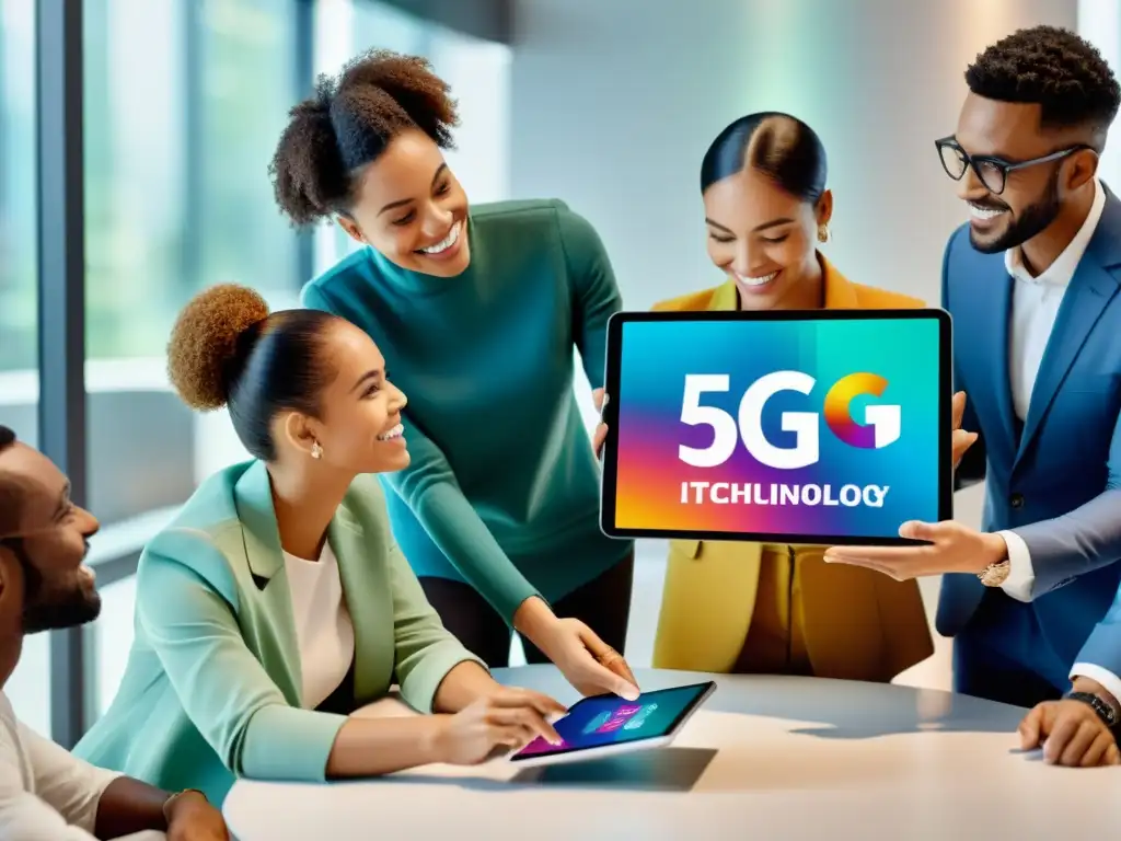 Grupo diverso participa en sesión educativa interactiva sobre beneficios 5G para inclusión digital, con expresiones de curiosidad y compromiso