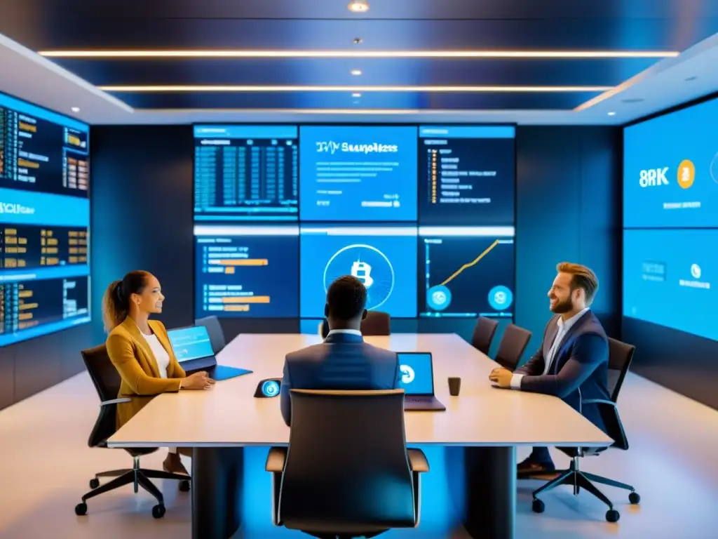 Emprendedores de éxito en el mundo de las criptomonedas Grupo diverso de emprendedores exitosos inmersos en la tecnología emergente de criptomonedas, reflejando ambición e innovación