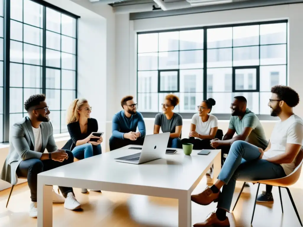 Grupo diverso de entusiastas de la tecnología debatiendo en un espacio de coworking, rodeados de gadgets modernos y pantallas con contenido generado por usuarios