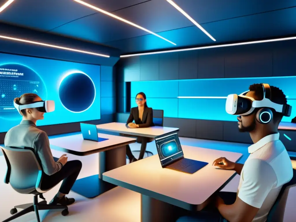 Grupo diverso de estudiantes inmersos en experiencia de aprendizaje en realidad virtual, facilitada por redes 5G en educación digital