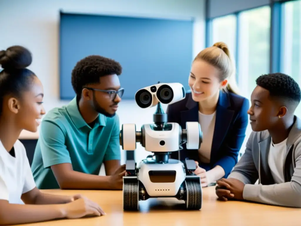 Un grupo diverso de estudiantes colabora en un proyecto de robótica en un aula moderna, con equipos futuristas al fondo