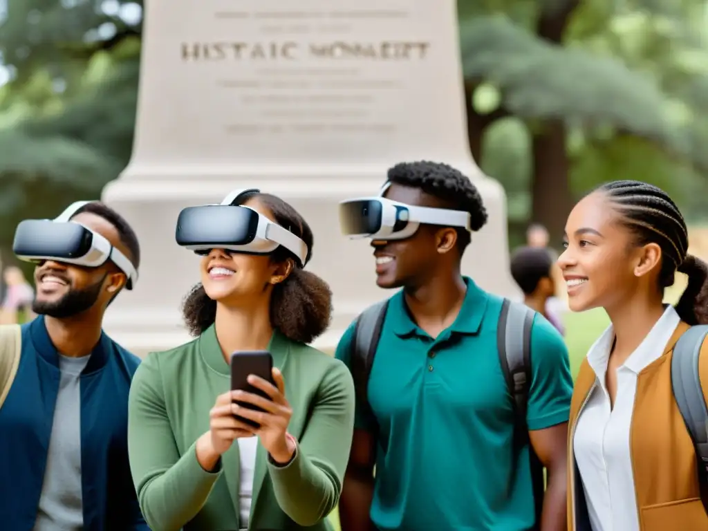 Un grupo diverso de estudiantes interactúa con realidad aumentada frente a un monumento histórico