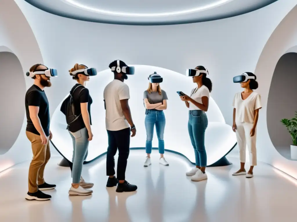 Grupo diverso disfruta de experiencias inclusivas en Realidad Virtual en un ambiente futurista y accesible