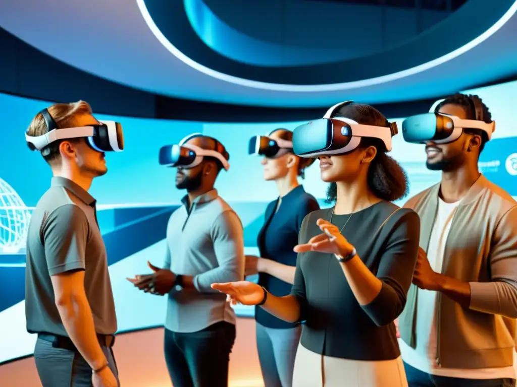 Un grupo diverso aprendiendo idiomas con realidad virtual en un entorno futurista y envolvente