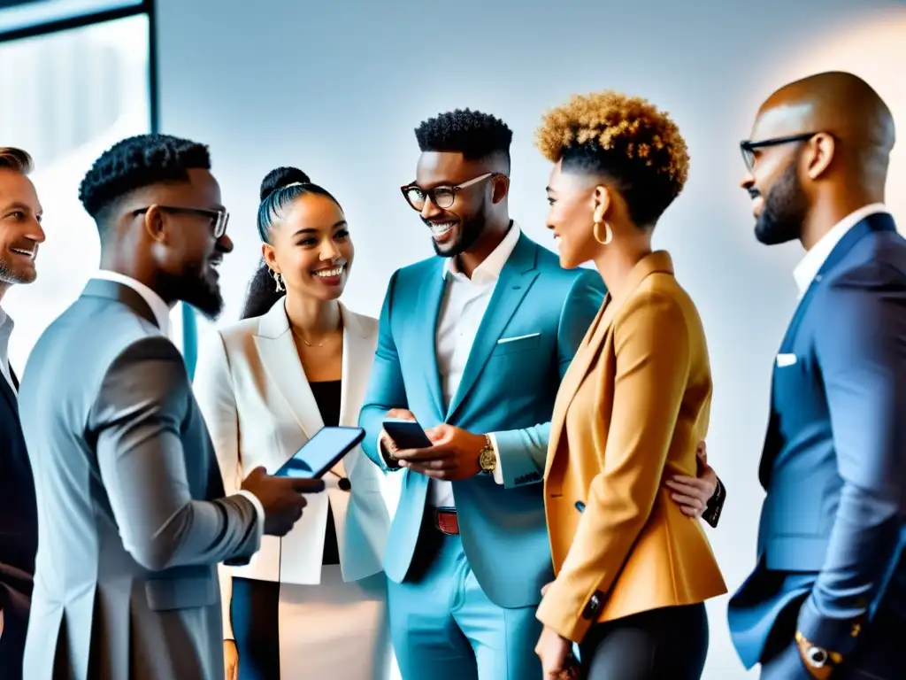 Un grupo diverso de influencers se reúne en un evento de tecnología, vestidos con estilo y discutiendo sobre tecnología emergente