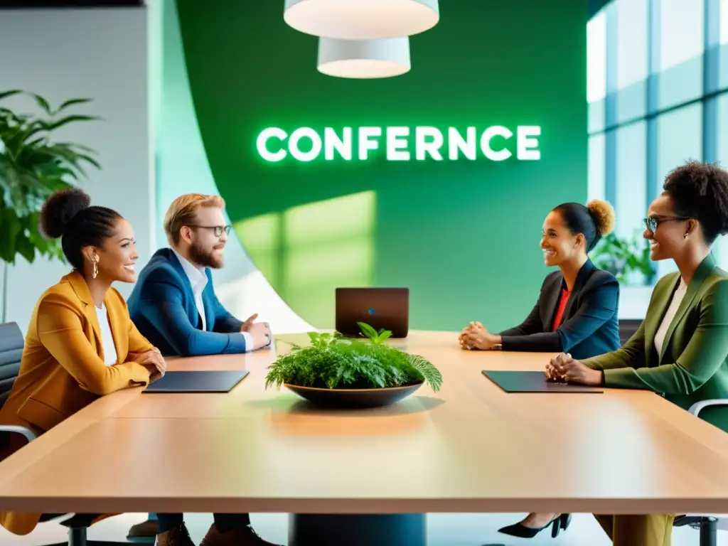 Un grupo diverso de influyentes figuras tecnológicas se reúne en una moderna sala de conferencias, debatiendo ideas con confianza