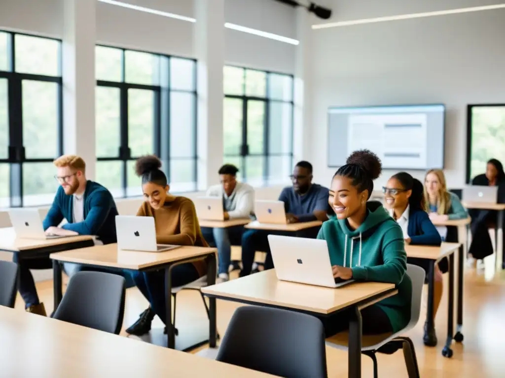 Grupo diverso de jóvenes participa entusiasta en taller educativo tecnológico, con laptops y tablets en un aula moderna y luminosa