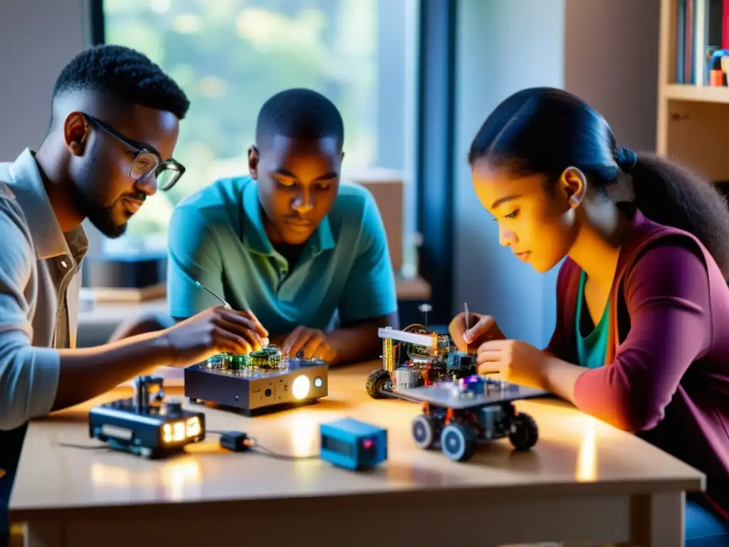 Un grupo diverso de jóvenes inventores trabaja en proyectos de robótica en casa, rodeados de componentes electrónicos y prototipos coloridos