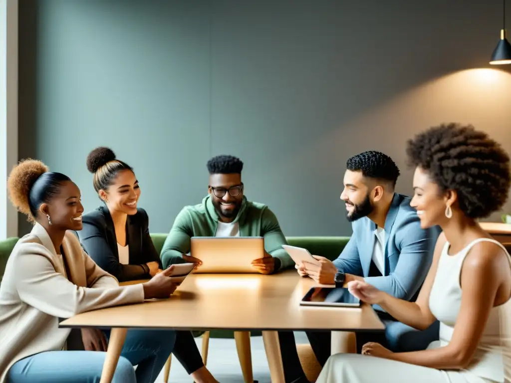 Un grupo diverso se reúne alrededor de una mesa moderna, discutiendo con dispositivos electrónicos