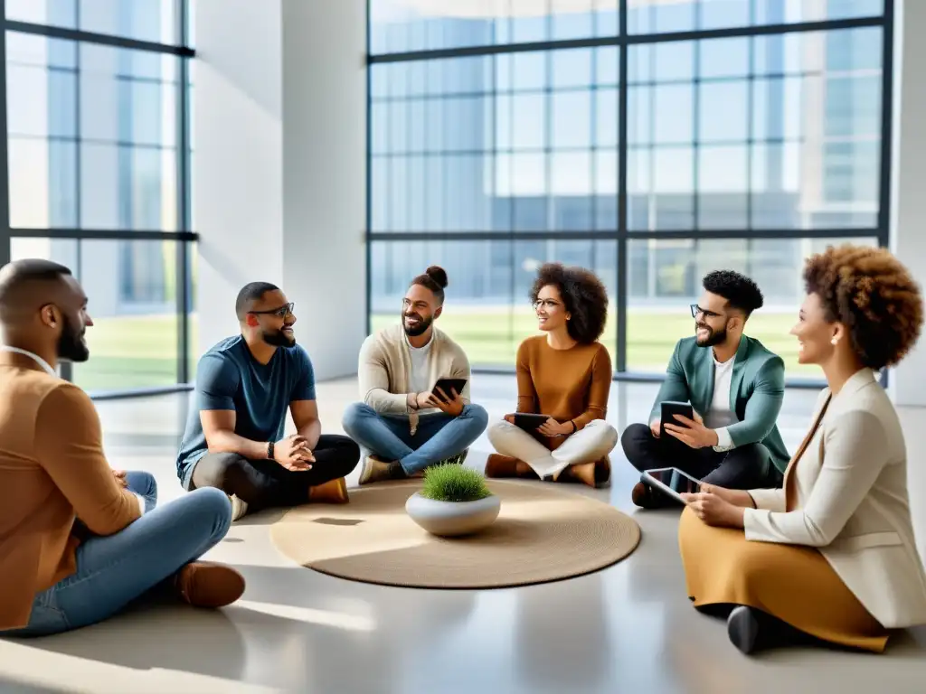 Un grupo diverso de personas participa en una animada discusión en un espacio de oficina moderno y minimalista, sosteniendo smartphones y tablets