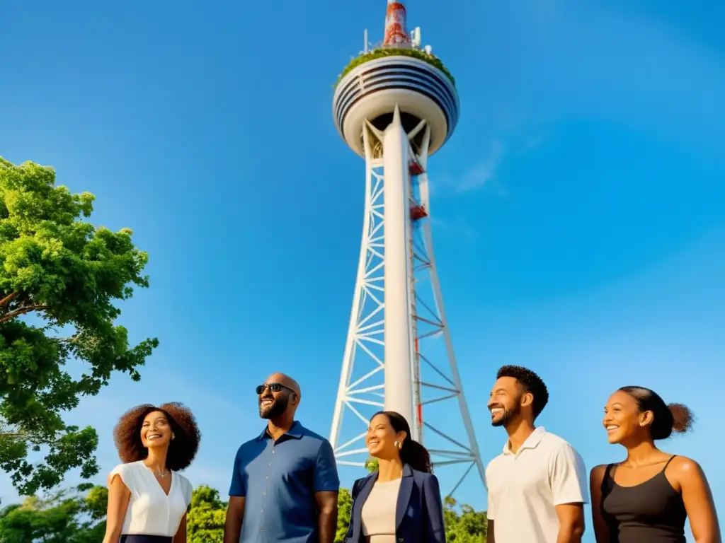 Un grupo diverso de personas mira con optimismo una torre celular 5G en medio de la naturaleza, representando normativas 5G para acceso equitativo