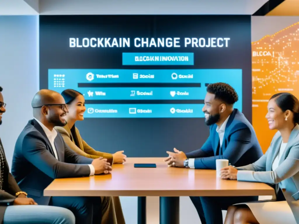 Grupo diverso discute proyecto social con diagrama blockchain