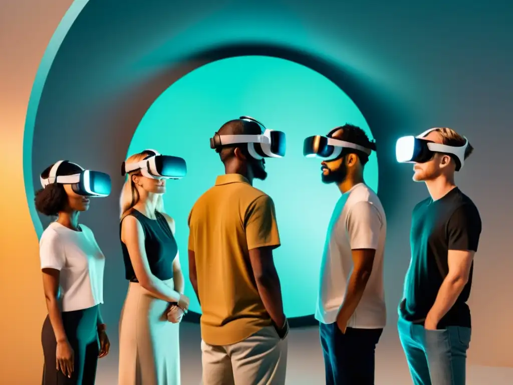 Grupo diverso usando visores de realidad virtual, interactuando con objetos digitales