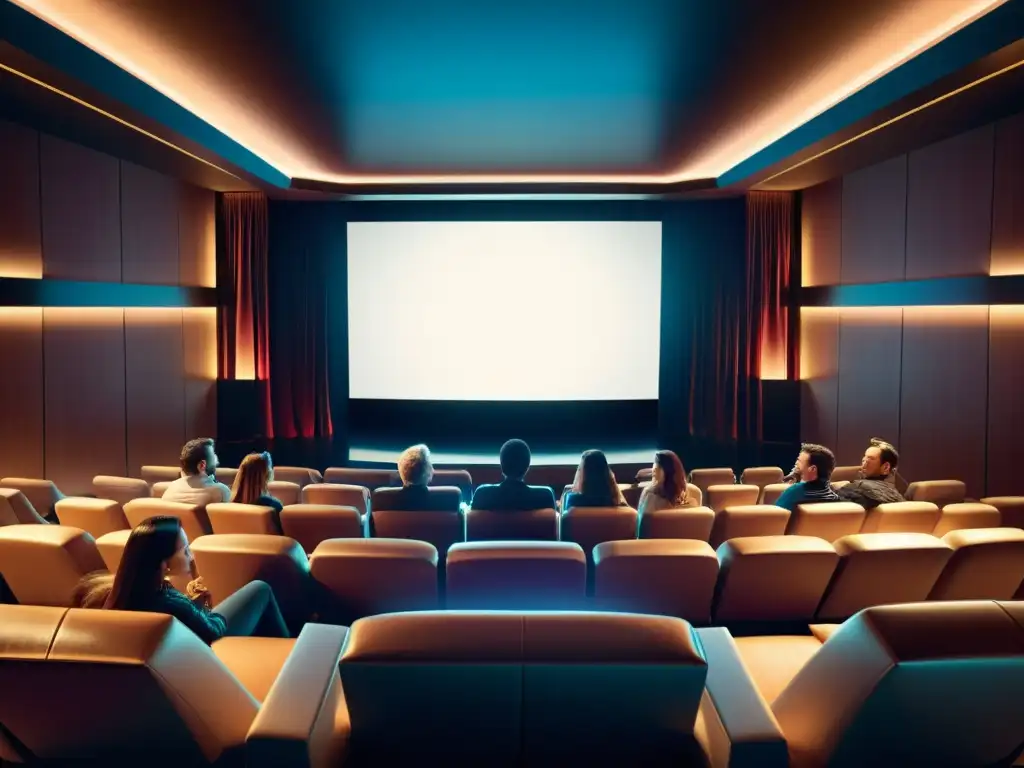 Grupo viendo emocionante película en sala de cine moderna, iluminada con luz suave