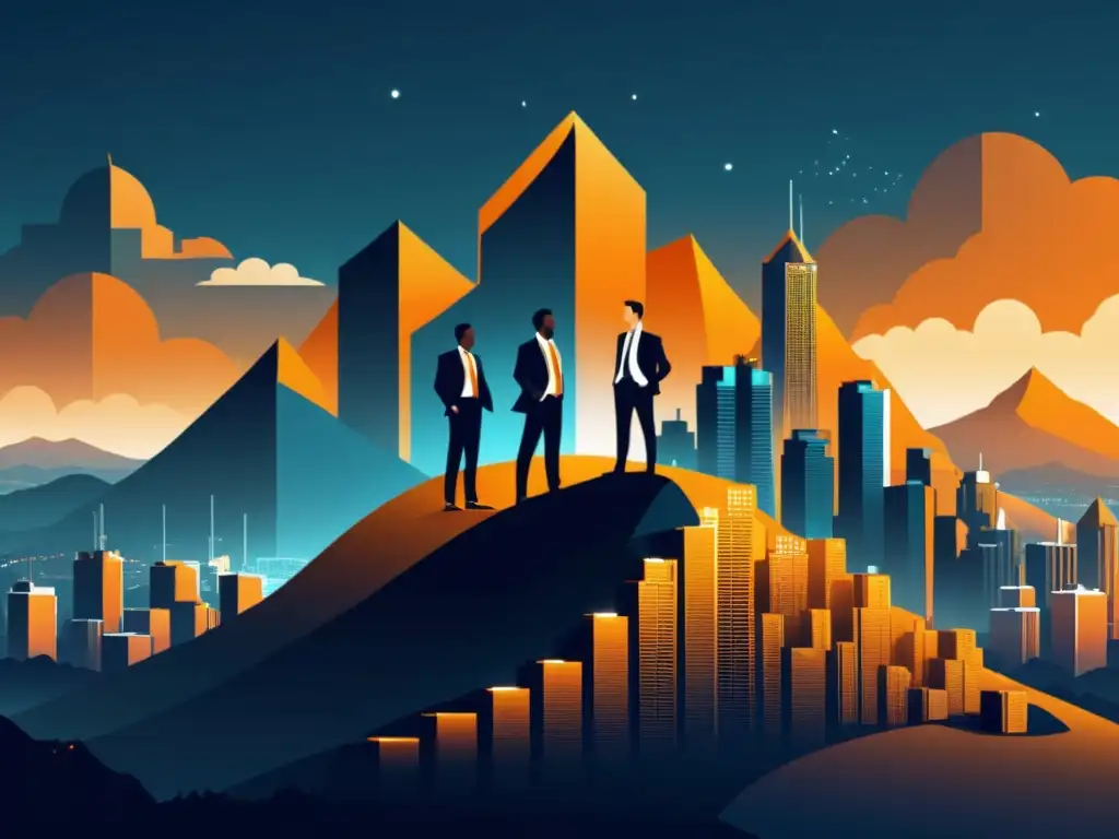 Emprendedores en la cima del bitcoin Un grupo de emprendedores exitosos contempla el mundo digital desde una montaña de bitcoin, con una ciudad futurista de fondo