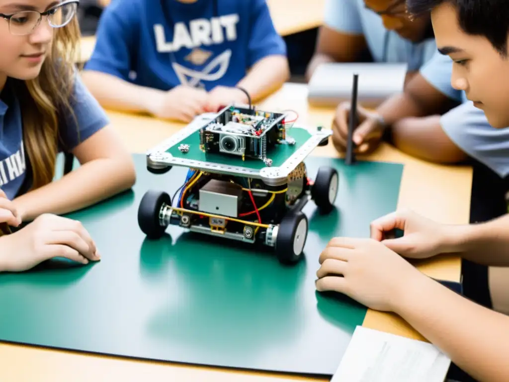 Un grupo de estudiantes se concentra en la construcción de un robot educativo, colaborando y consultando manuales detallados