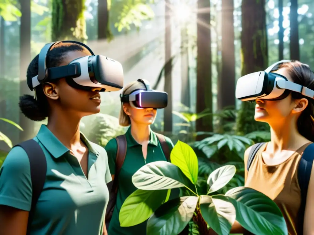 Grupo de estudiantes explorando la naturaleza en realidad virtual