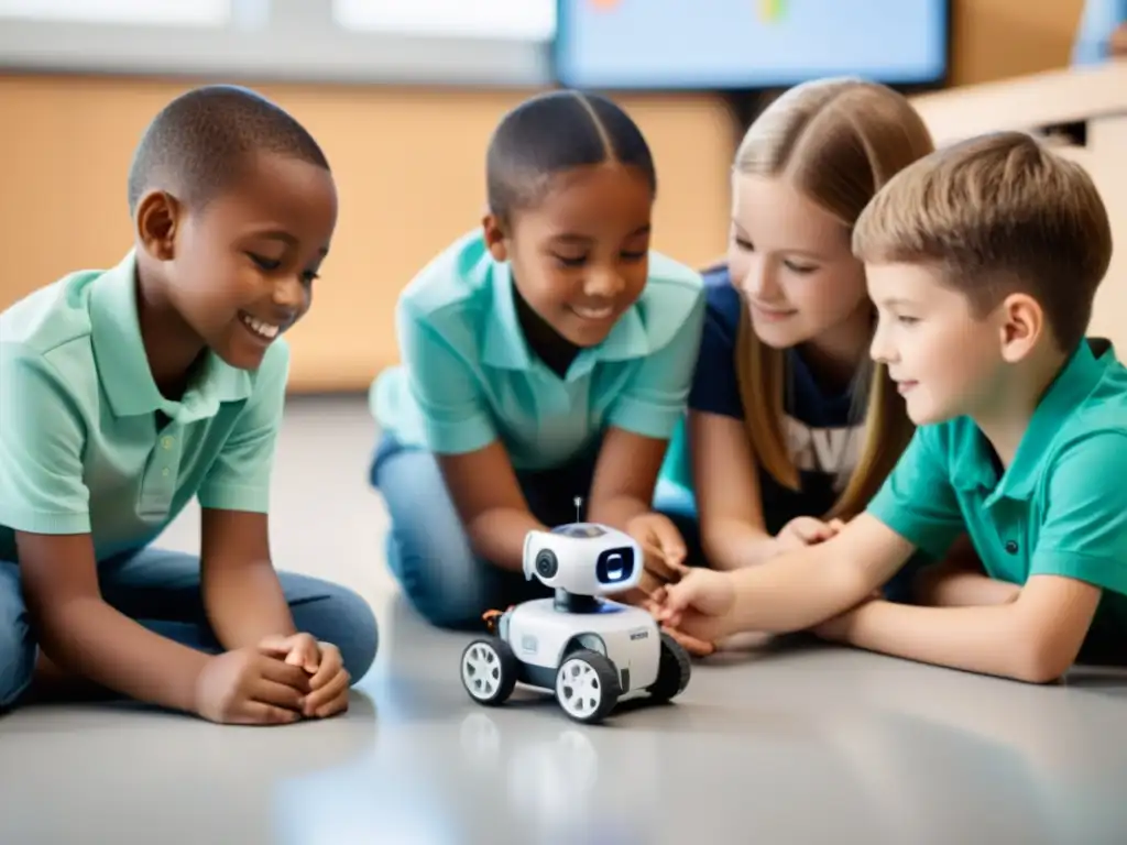 Un grupo de estudiantes de primaria colaborando en una actividad de robótica, fomentando el desarrollo de habilidades sociales con robots