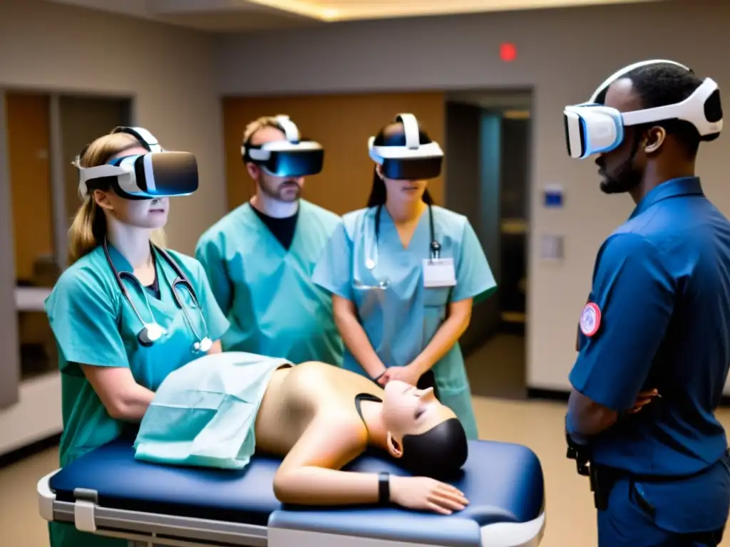 Un grupo de estudiantes practican procedimientos de respuesta a emergencias con aplicaciones de realidad virtual en un entorno simulado de hospital