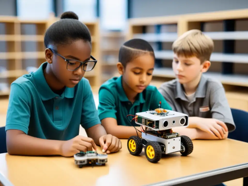 Un grupo de estudiantes crea un robot en un aula moderna