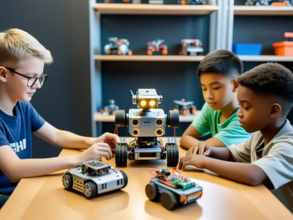 Un grupo de jóvenes estudiantes construyendo y programando robots juntos, rodeados de kits y herramientas de robótica