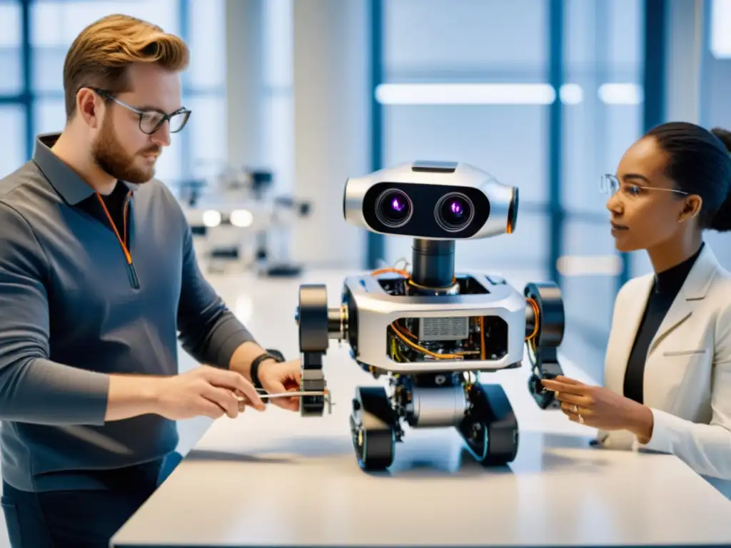 Un grupo de ingenieros y programadores colaborando en la creación ética de un robot futurista en un laboratorio moderno y bien iluminado