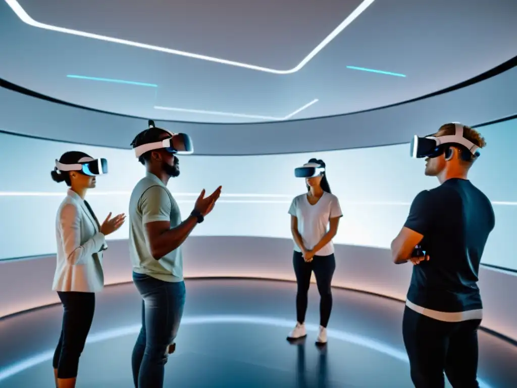 Grupo inmerso en capacitación laboral con Realidad Virtual en un futurista salón minimalista, con iluminación suave y tecnología avanzada