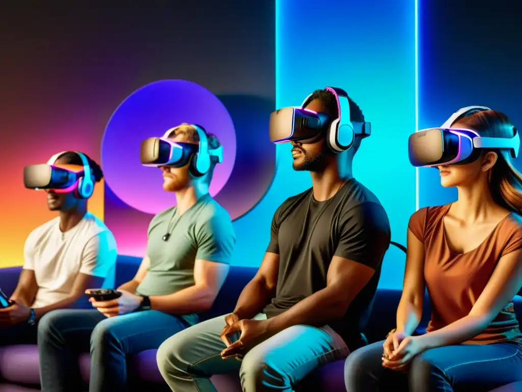 Grupo de jugadores en realidad virtual, inmersos en un mundo futurista de videojuegos