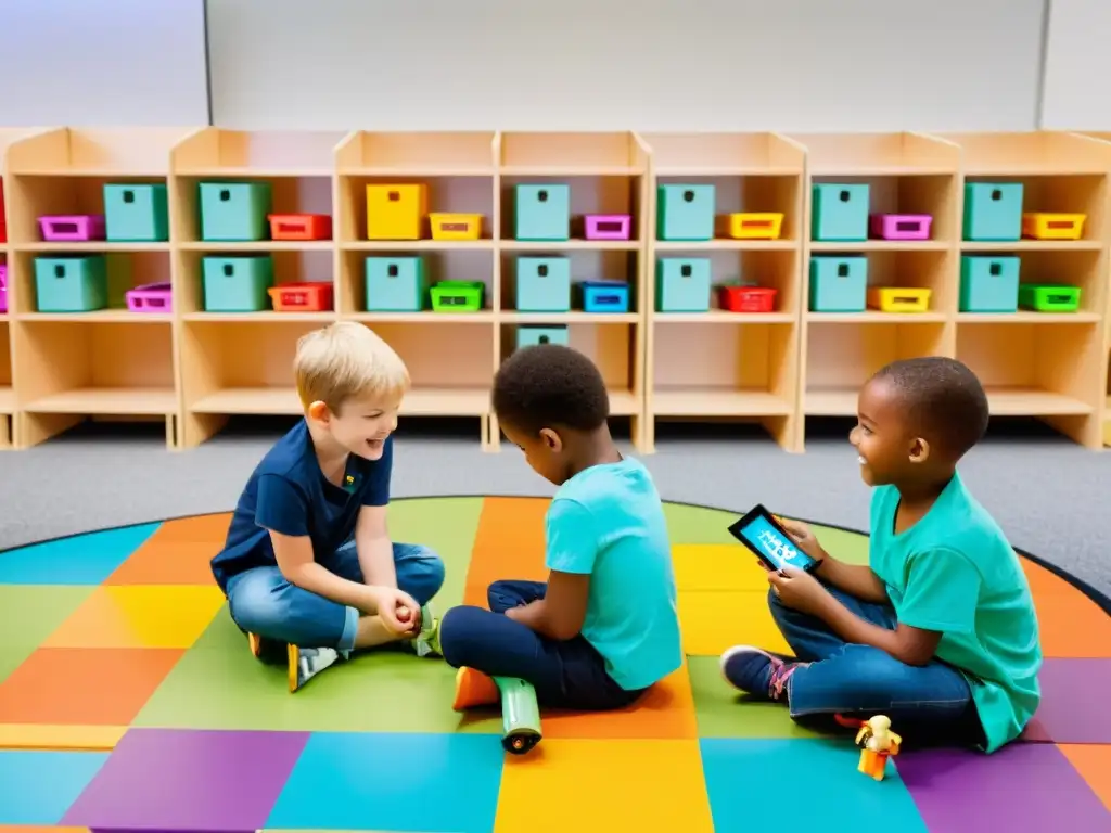 Grupo de niños entusiasmados construyendo y programando robots en un aula moderna