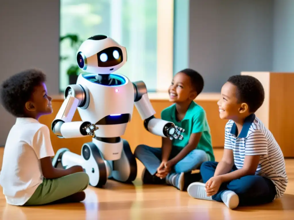 Un grupo de niños interactúa con un robot amigable en un ambiente cálido, fomentando el desarrollo de habilidades sociales con robots