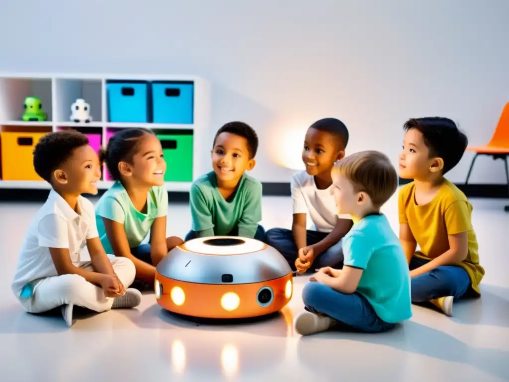 Grupo de niños explorando robots en un aula moderna, transmitiendo consideraciones éticas educación robótica infantil