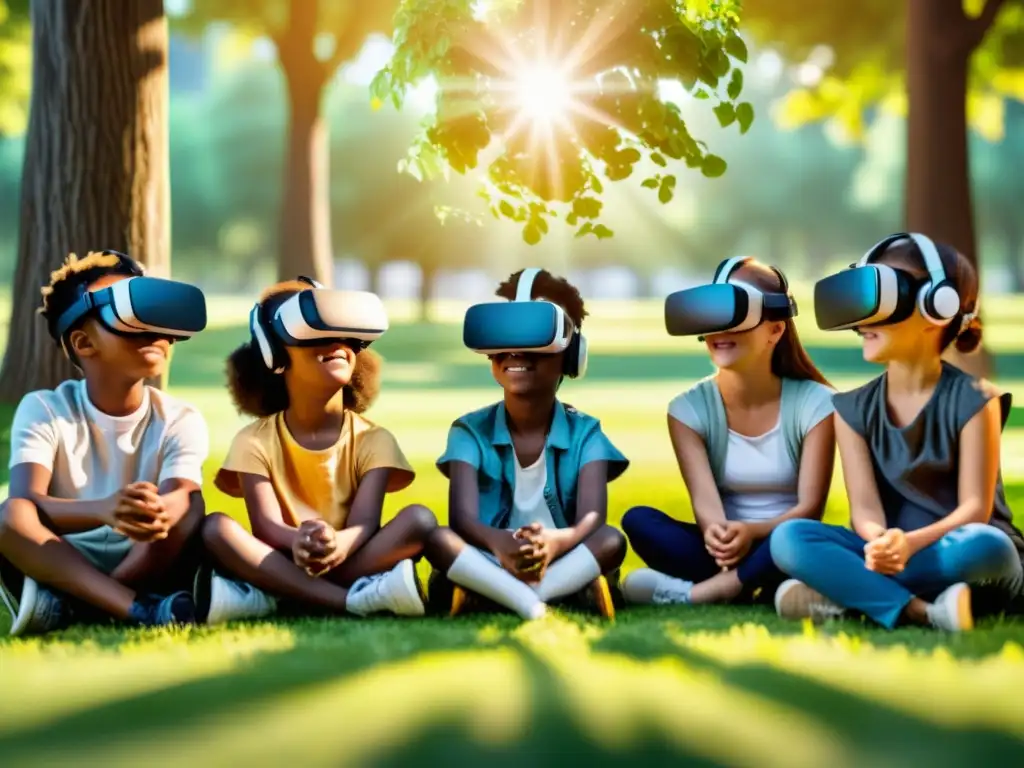 Un grupo de niños diversos usando visores de realidad virtual en un campo rodeado de árboles altos