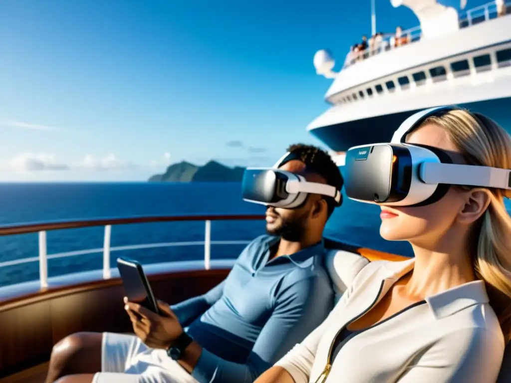 Grupo de pasajeros disfrutando de una experiencia de realidad virtual en un lujoso crucero, con el mar de fondo