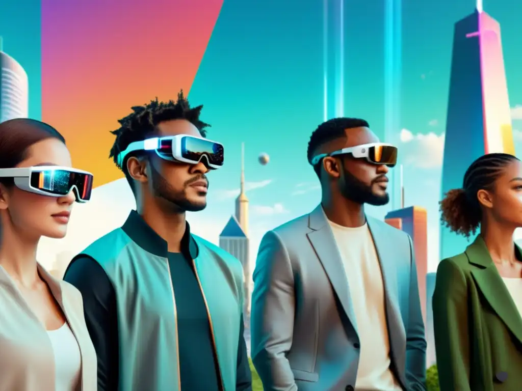 Un grupo de personas diversas usando gafas de realidad aumentada en una ciudad futurista con elementos de juego holográficos