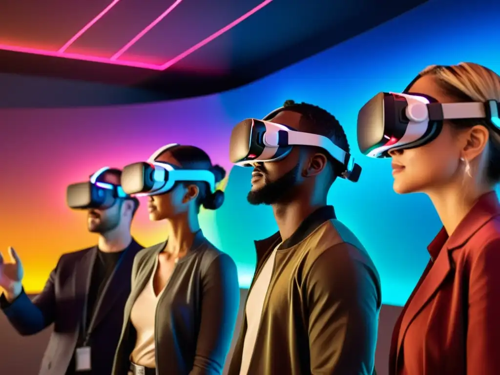 Un grupo de personas diversas usa visores de realidad virtual para aprender en una ciudad futurista