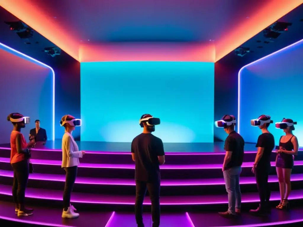 Un grupo de personas experimenta el impacto de la realidad virtual en un escenario futurista iluminado por luces de neón vibrantes