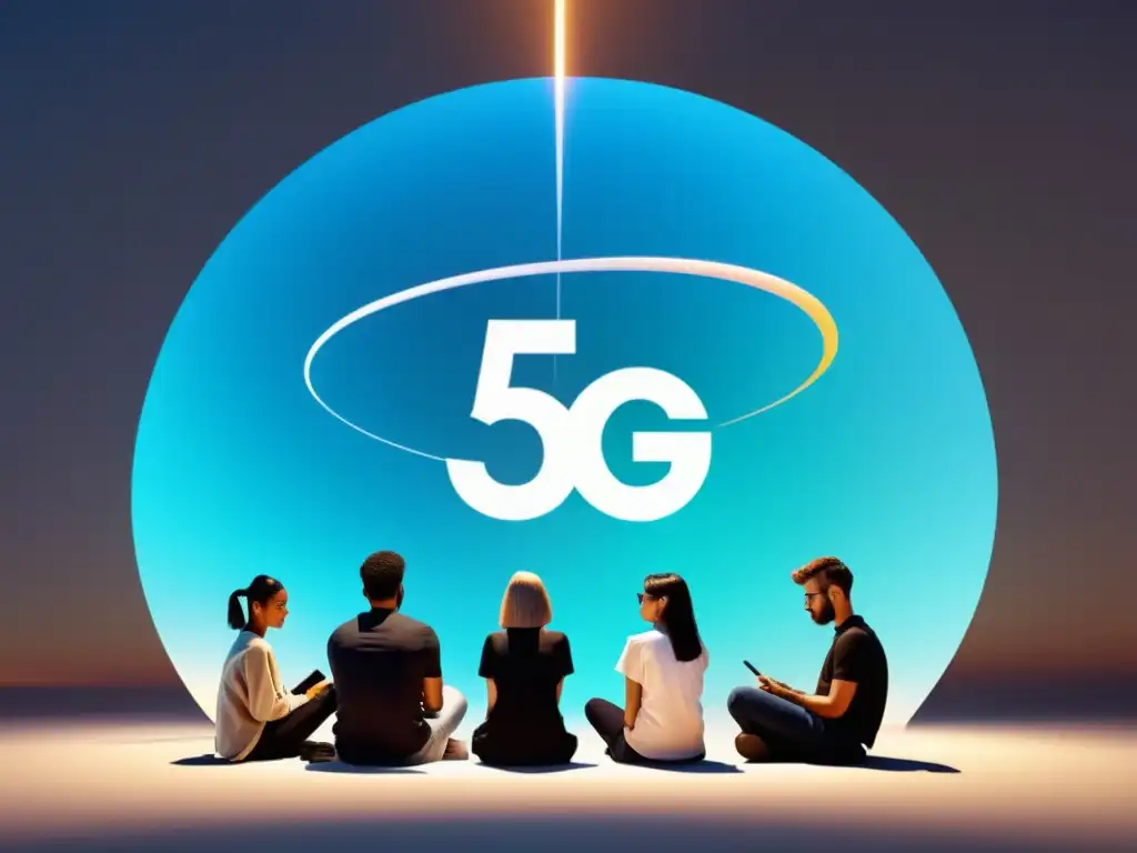 Conexión 5G: Impacto en la sociedad Un grupo de personas sentadas en círculo, absortas en sus smartphones, con una torre 5G al fondo