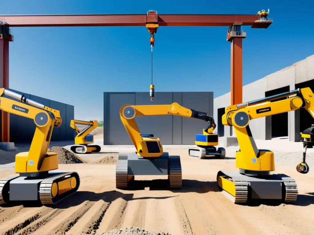 Un grupo de robots autónomos en proyectos de construcción trabajan en equipo, realizando tareas específicas como soldar, levantar y ensamblar