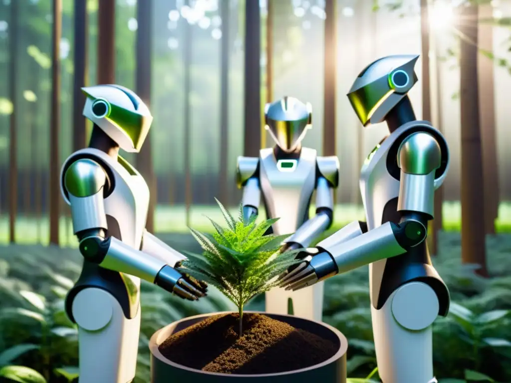 Un grupo de robots para reforestación sostenible planta árboles en un bosque verde, combinando naturaleza y tecnología con gracia y precisión