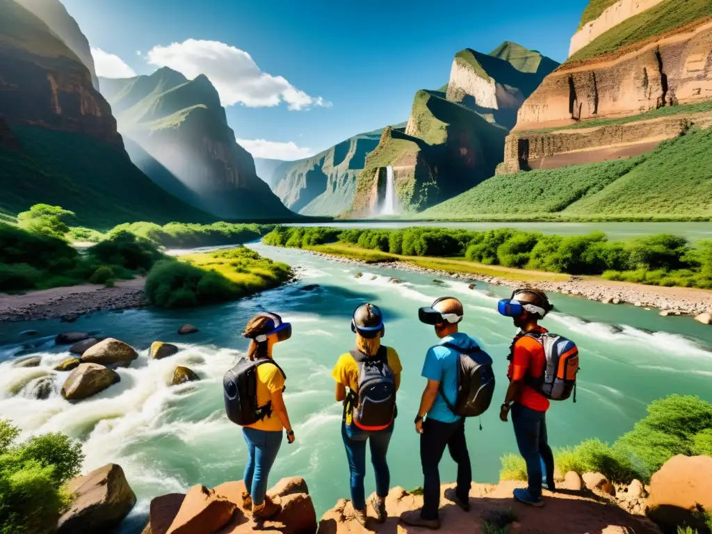 Un grupo de turistas aventureros con gafas de realidad virtual explorando un paisaje asombroso y enigmático